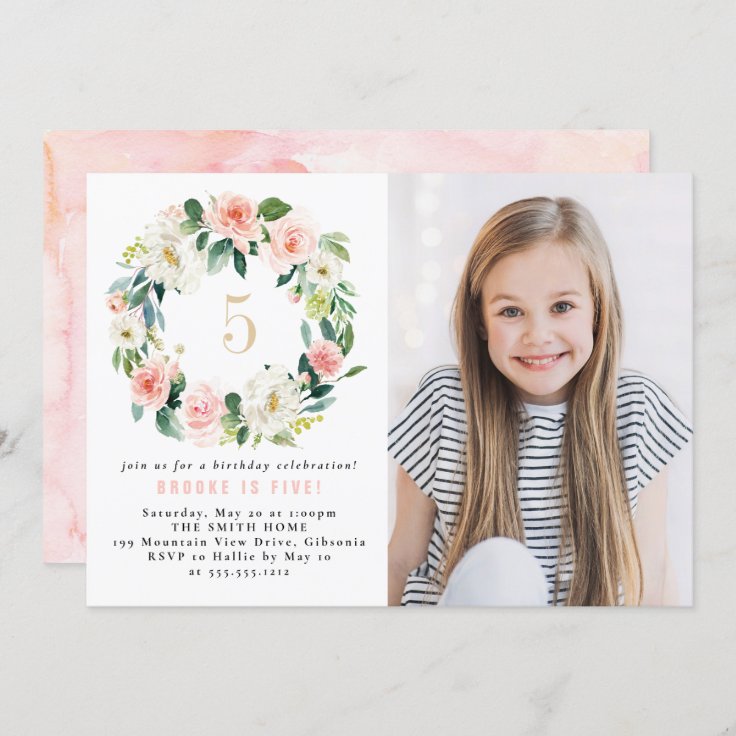 Peach and White Floral Photo Birthday Invitation | Zazzle