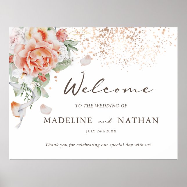 Peach and White Floral Wedding Welcome Poster (Front)