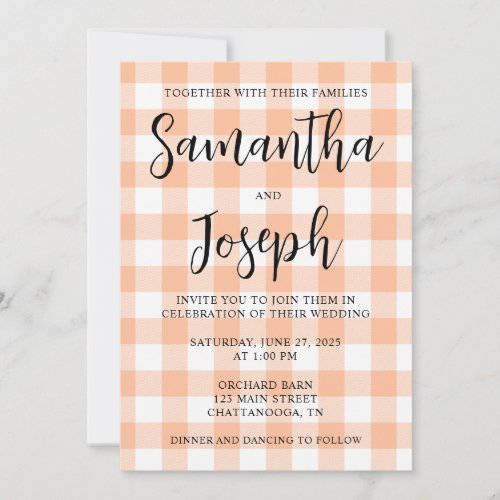 Peach and White Gingham Country Wedding Invitation