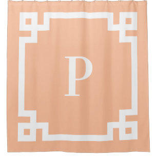 Peach and White Greek Key Bold Border Monogram Shower Curtain