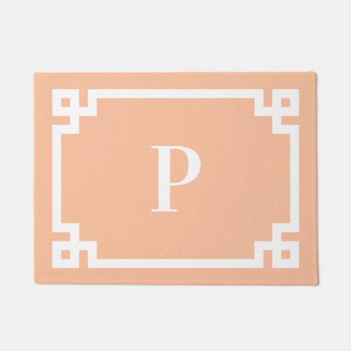 Peach and White Greek Key Border Monogram Doormat