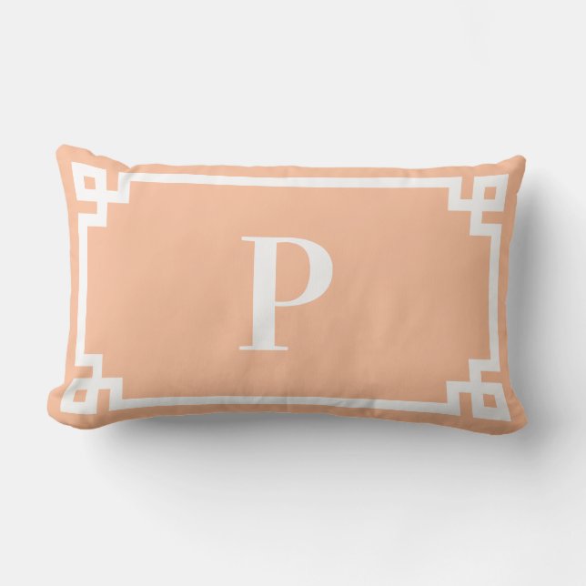 Peach and White Greek Key Border Monogram Lumbar Pillow (Front)