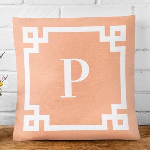 Peach and White Greek Key Border Monogram Throw Pillow
