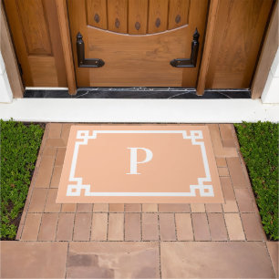 Peach and White Greek Key Frame Monogram Doormat