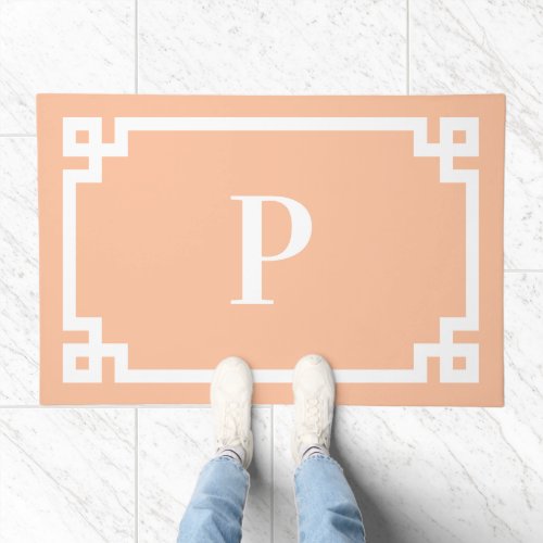 Peach and White Greek Key Frame Monogrammed Doormat
