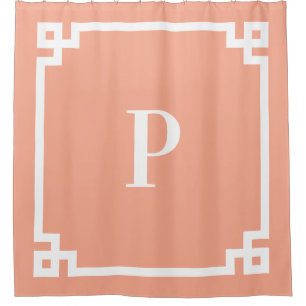 Peach and White Greek Key Simple Monogram Shower Curtain