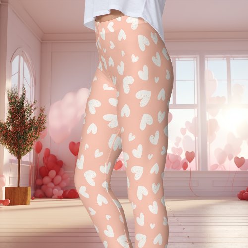 Peach And White Heart Pattern Valentine'S Day Leggings