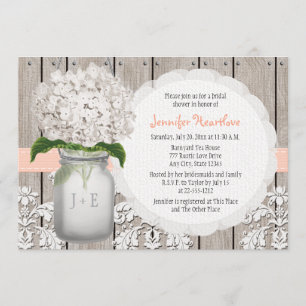 Peach and White Hydrangea Mason Jar Bridal Shower Invitation