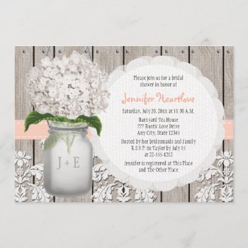 Peach And White Hydrangea Mason Jar Bridal Shower Invitation by OccasionInvitations at Zazzle