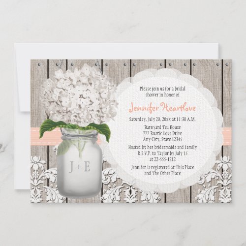 Peach and White Hydrangea Mason Jar Bridal Shower Invitation