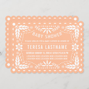 Peach and white papel picado baby girl shower invitation