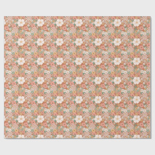 Peach and White Retro Daisies Floral Pattern  Wrapping Paper