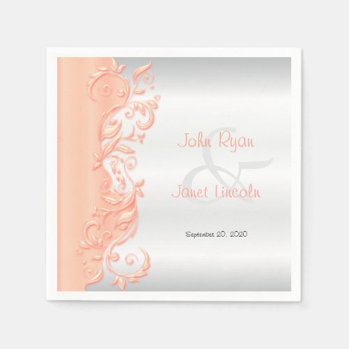 Peach and White Satin Wedding Paper Napkins