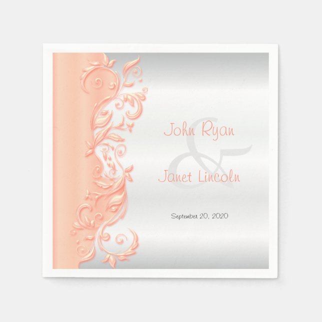 Peach and White Satin Wedding Paper Napkins (Front)