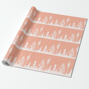 Peach And White Snowy Winter Woodland Forest Wrapping Paper