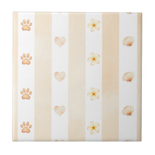Peach and White Stripe - Hearts, Flower, Paw Print Ceramic Tile