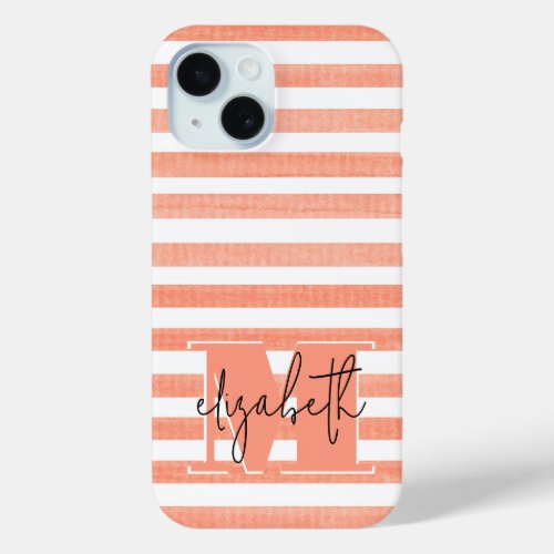 Peach and White Stripe Monogrammed iPhone 15 Case