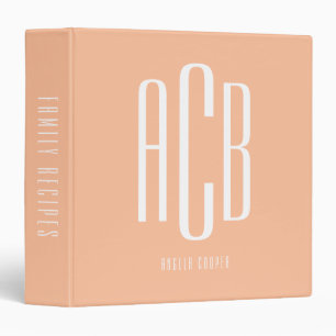 Peach and White Three Letter Monogram Recipe 3 Ring Binder