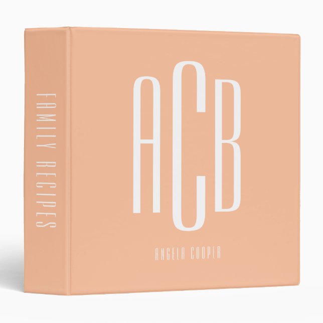 Peach and White Three Letter Monogram Recipe 3 Ring Binder (Front/Spine)