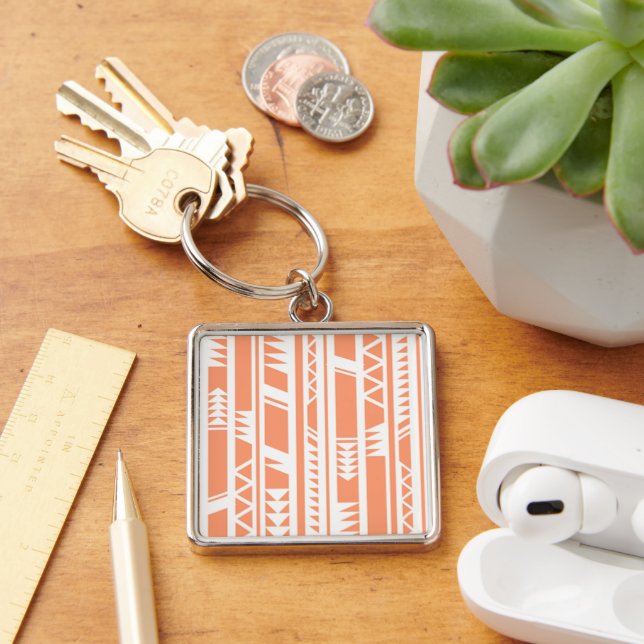 Peach and white tribal print pattern keychain (Desk)