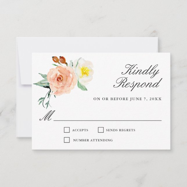 Peach and White Watercolor Floral Wedding RSVP (Front)