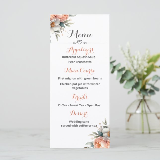Peach and White Wedding Reception Menu (Standing Front)