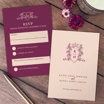 Peach And Wine Red Crown Wedding Response Card by mylittleedenweddings at Zazzle