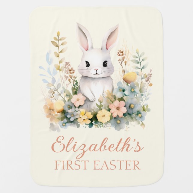 Peach and Yellow Bunny Rabbit Wildflowers Easter Baby Blanket (Front)