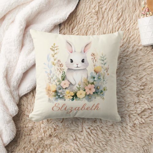 Peach and Yellow Bunny Rabbit Wildflowers Easter Throw Pillow