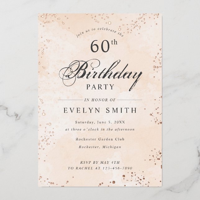 Peach apricot 60th birthday party rose gold foil invitation (Front)