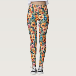 Peach Apricot and Mauve Floral Leggings