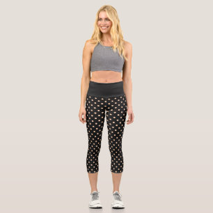 Peach Apricot Polka Dots on a Black Background Capri Leggings