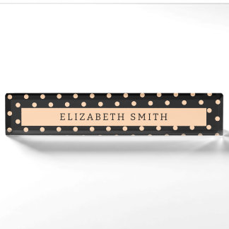 Peach Apricot Polka Dots on a Black Background Desk Name Plate