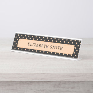 Peach Apricot Polka Dots on a Black Background Desk Name Plate