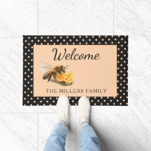 Peach Apricot Polka Dots on a Black Background Doormat