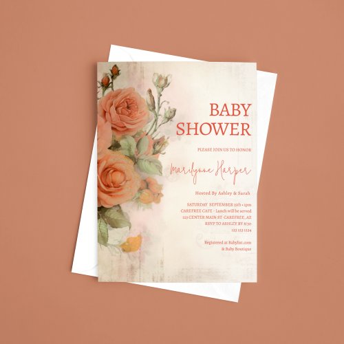 Peach Apricot Vintage Roses Baby Shower Invitation