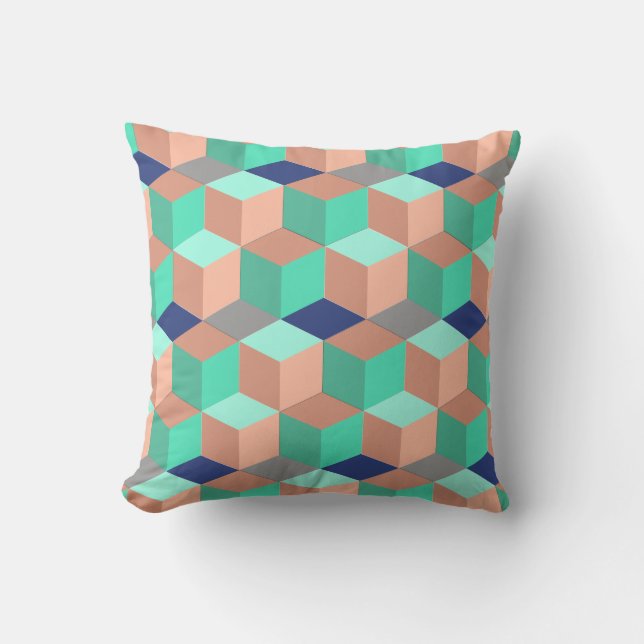Peach Aqua Cobalt Geometric Cubes Throw Pillow (Front)