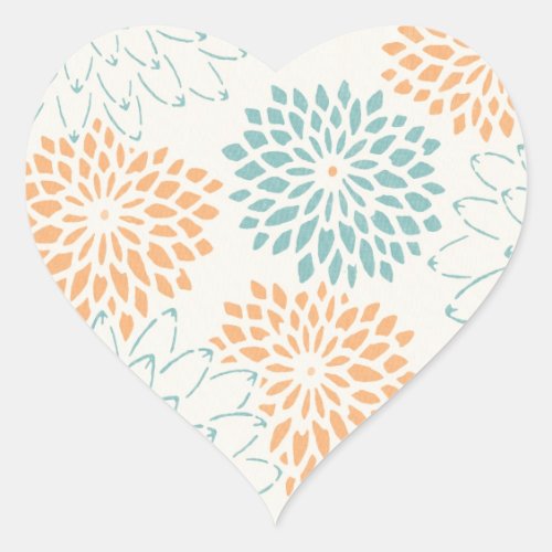 Peach Aqua Floral Blossoms Heart Sticker