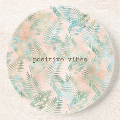 Peach Aqua Green Tropical Leaves Coaster