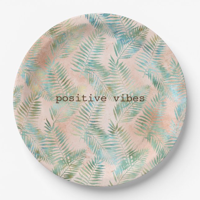 Peach Aqua Green Tropical Leaves Paper Plates (Front)