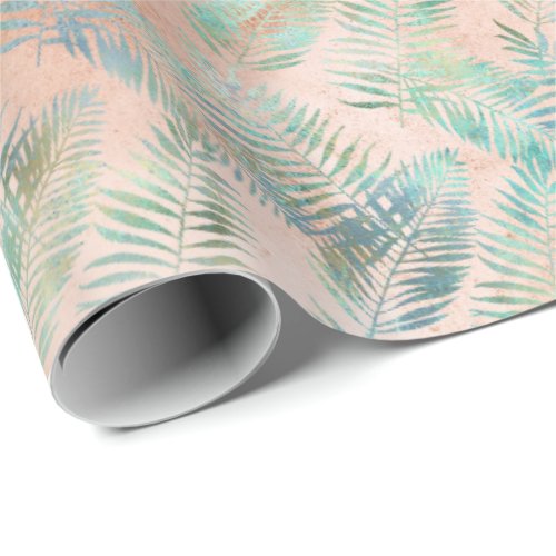 Peach Aqua Green Tropical Leaves Wrapping Paper