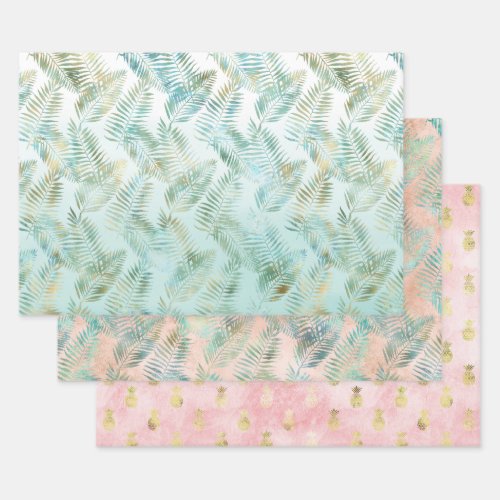 Peach Aqua Green Tropical Leaves Wrapping Paper Sheets