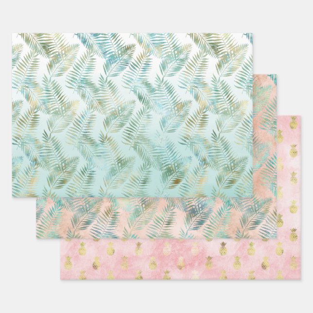Peach Aqua Green Tropical Leaves Wrapping Paper Sheets (Set)