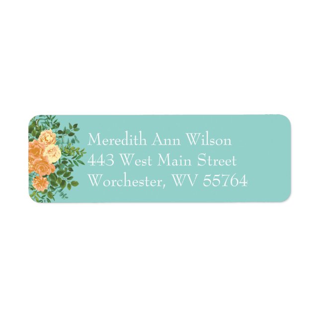 Peach & Aqua Peony & Rose Floral Address Label (Front)