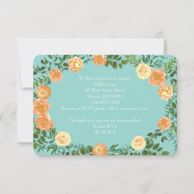 Peach & Aqua Peony & Rose Floral Information Card (Front)