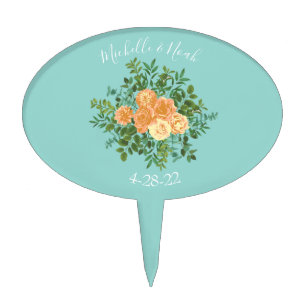 Peach & Aqua Peony & Rose Floral Wedding Cake Topper