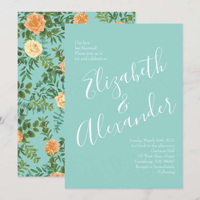 Peach & Aqua Peony & Rose Floral Wedding Invitation (Front/Back)