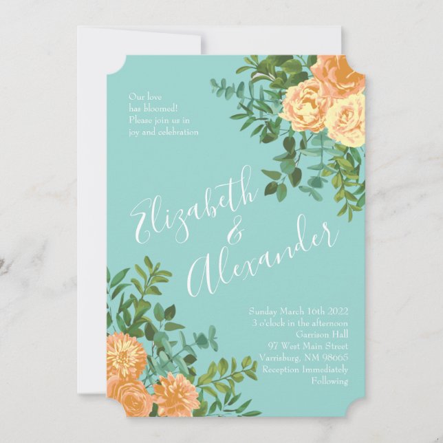 Peach & Aqua Peony & Rose Floral Wedding Invitation (Front)