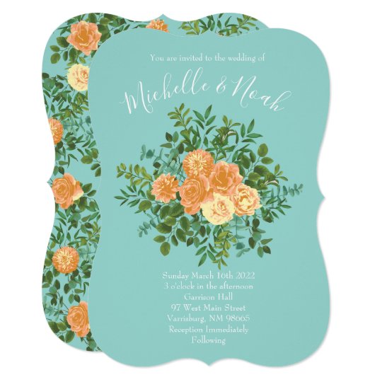 Peach & Aqua Peony & Rose Floral Wedding Invitation ...