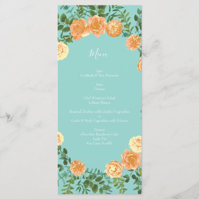 Peach & Aqua Peony & Rose Floral Wedding Menu (Front)